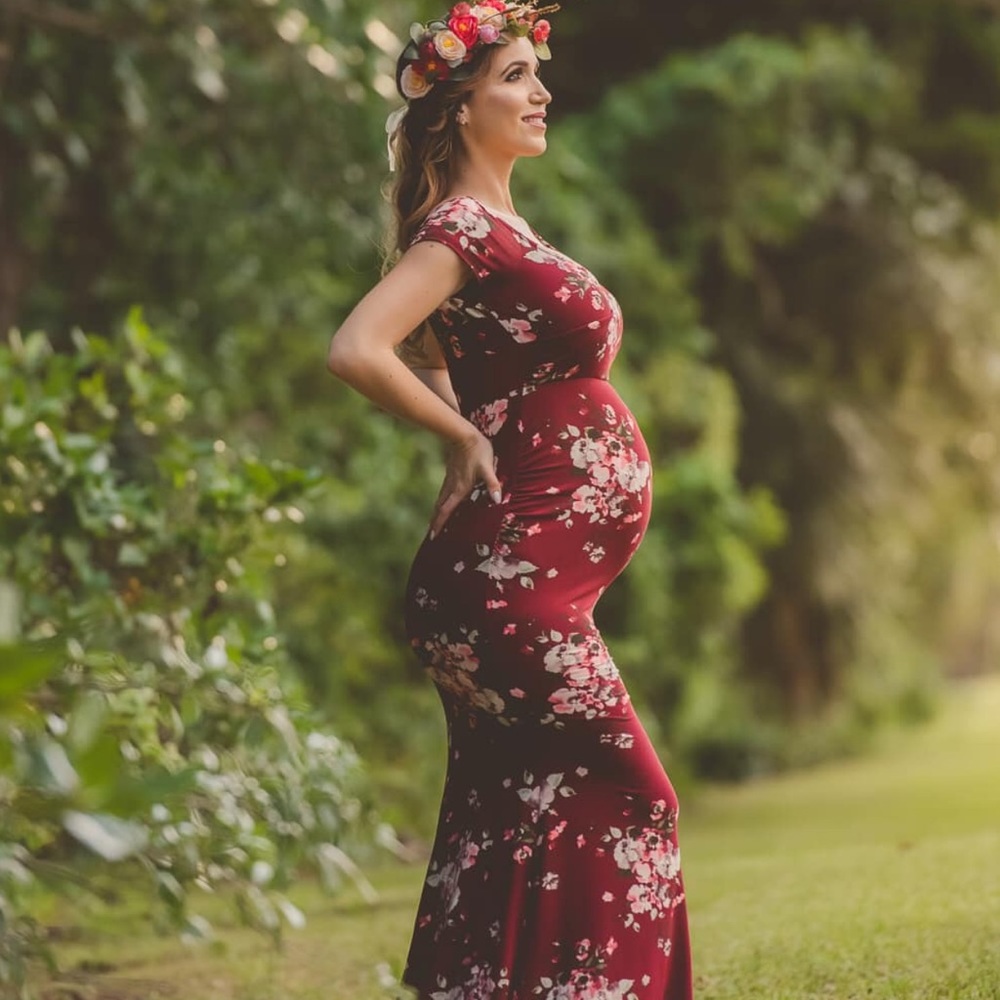 Burgundy Floral Off Shoulder Maternity Dress
